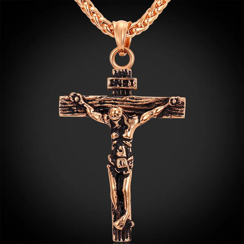 Stainless Steel Yellow Gold Plated INRI Jesus Piece Cross Pendant & Necklace Chain For Men Gift Vintage Christian Jewelry