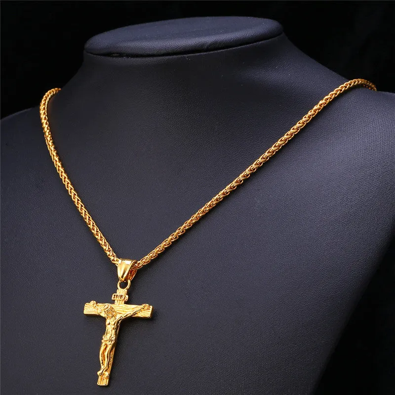 Stainless Steel Yellow Gold Plated INRI Jesus Piece Cross Pendant & Necklace Chain For Men Gift Vintage Christian Jewelry