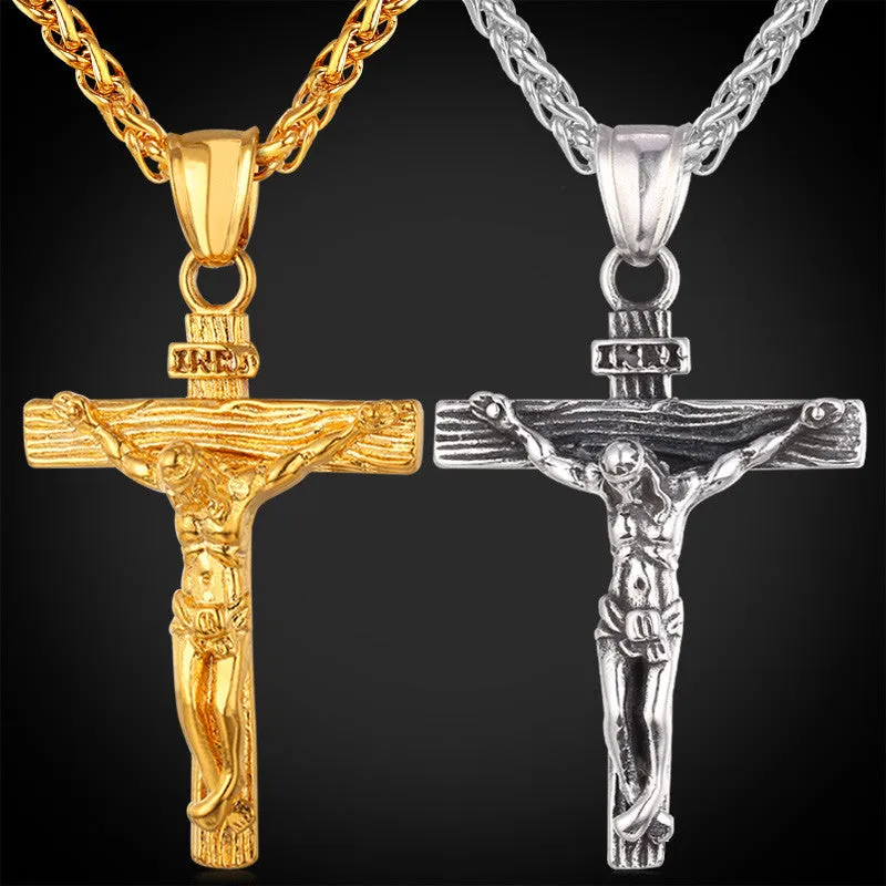 Stainless Steel Yellow Gold Plated INRI Jesus Piece Cross Pendant & Necklace Chain For Men Gift Vintage Christian Jewelry