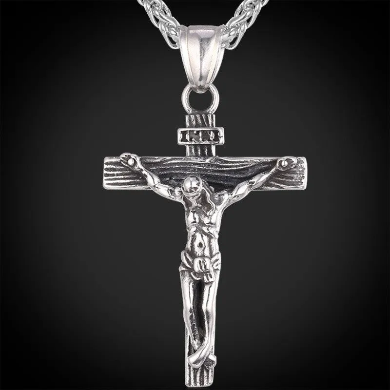 Stainless Steel Yellow Gold Plated INRI Jesus Piece Cross Pendant & Necklace Chain For Men Gift Vintage Christian Jewelry