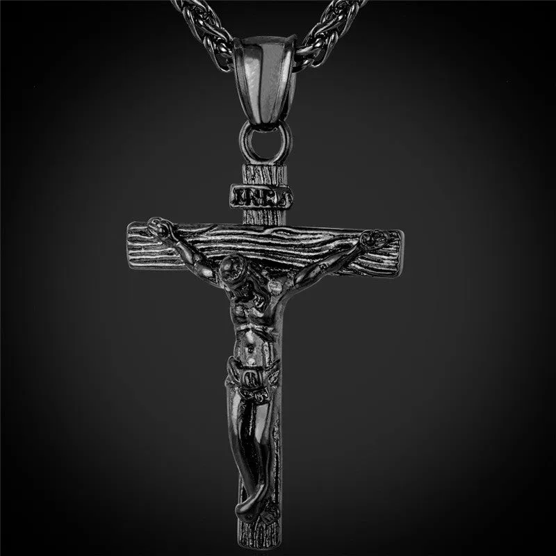 Stainless Steel Yellow Gold Plated INRI Jesus Piece Cross Pendant & Necklace Chain For Men Gift Vintage Christian Jewelry