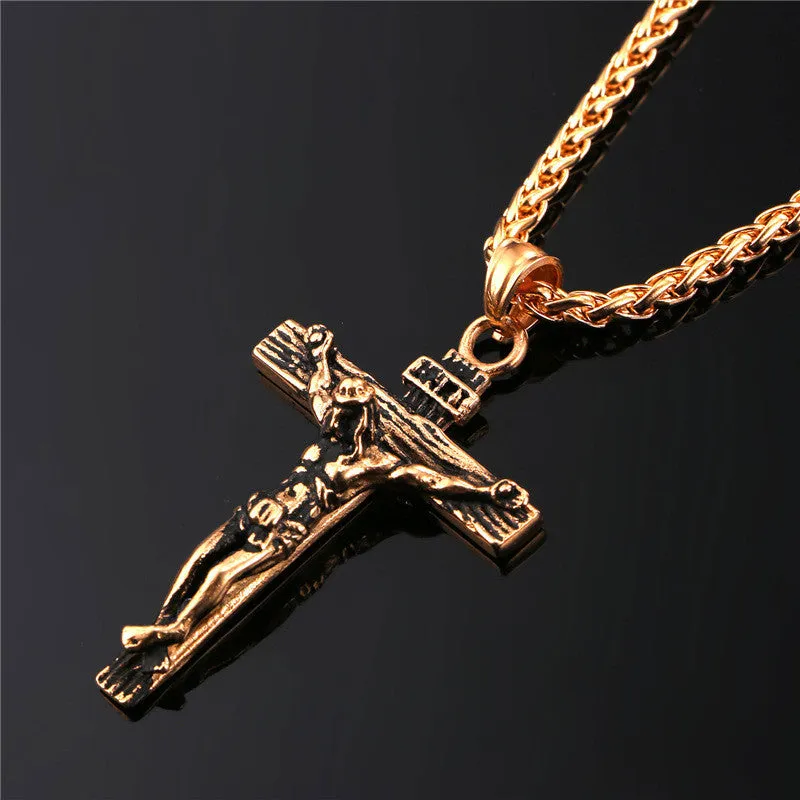 Stainless Steel Yellow Gold Plated INRI Jesus Piece Cross Pendant & Necklace Chain For Men Gift Vintage Christian Jewelry