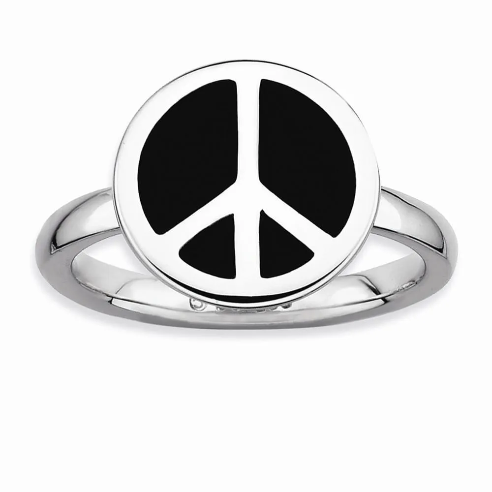 Sterling Silver Black Enameled Peace Sign Ring