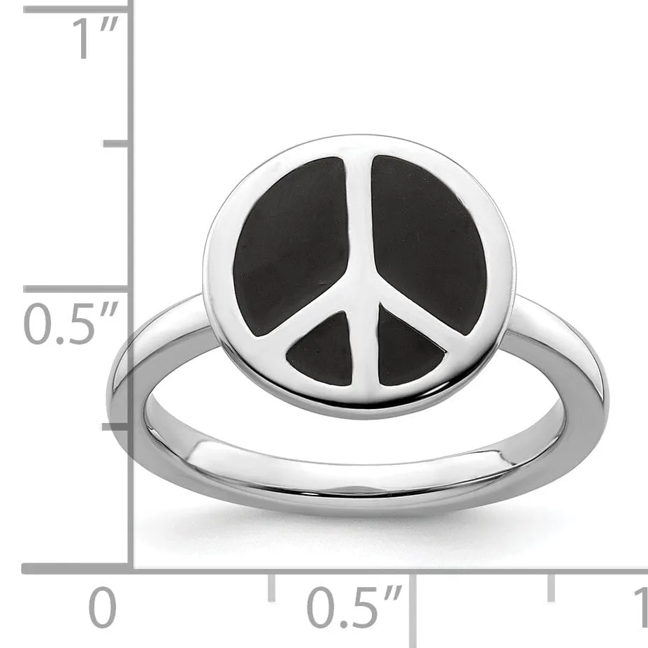 Sterling Silver Black Enameled Peace Sign Ring