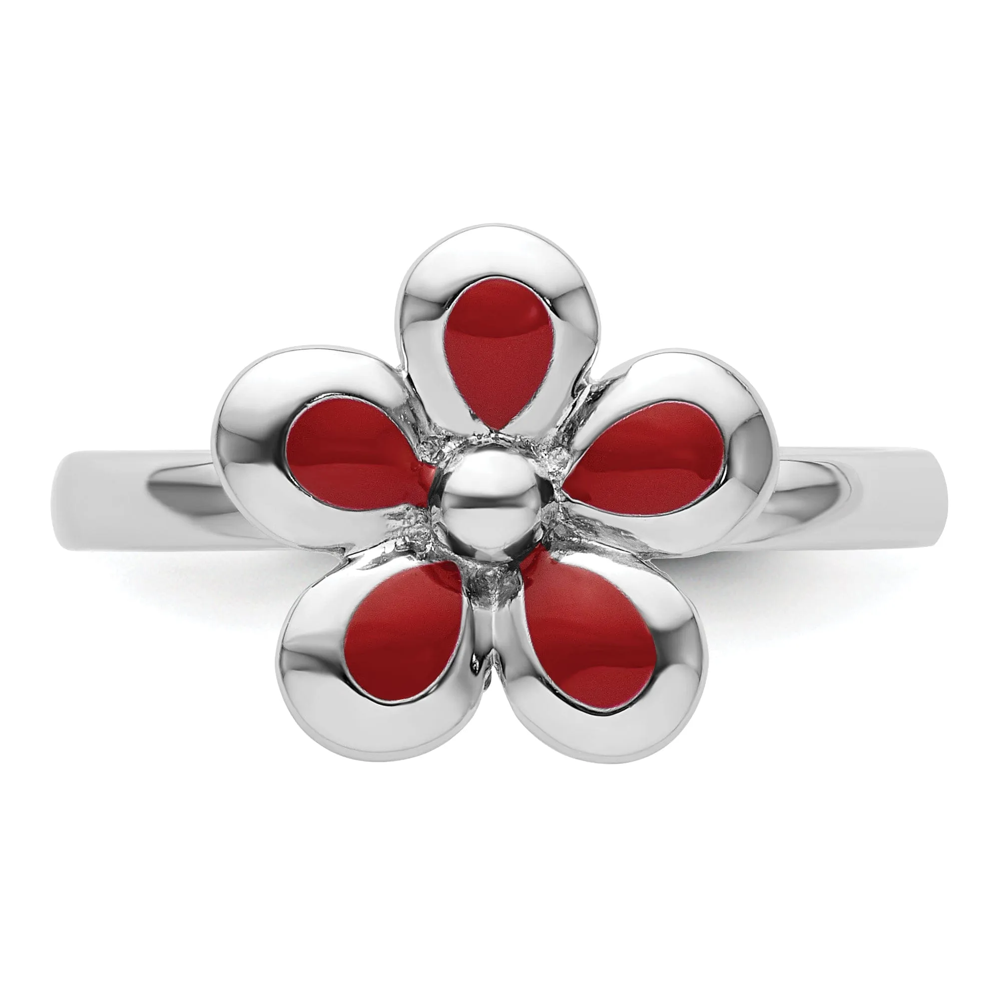 Sterling Silver Red Enameled Flower Ring