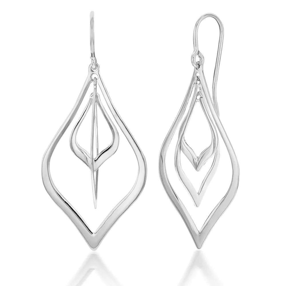 Sterling Silver Rhodium Plated Fancy 3D Lantern Drop Earrings