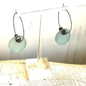 Teal Frosted Disc & Gun Metal Hoop Drop Earrings