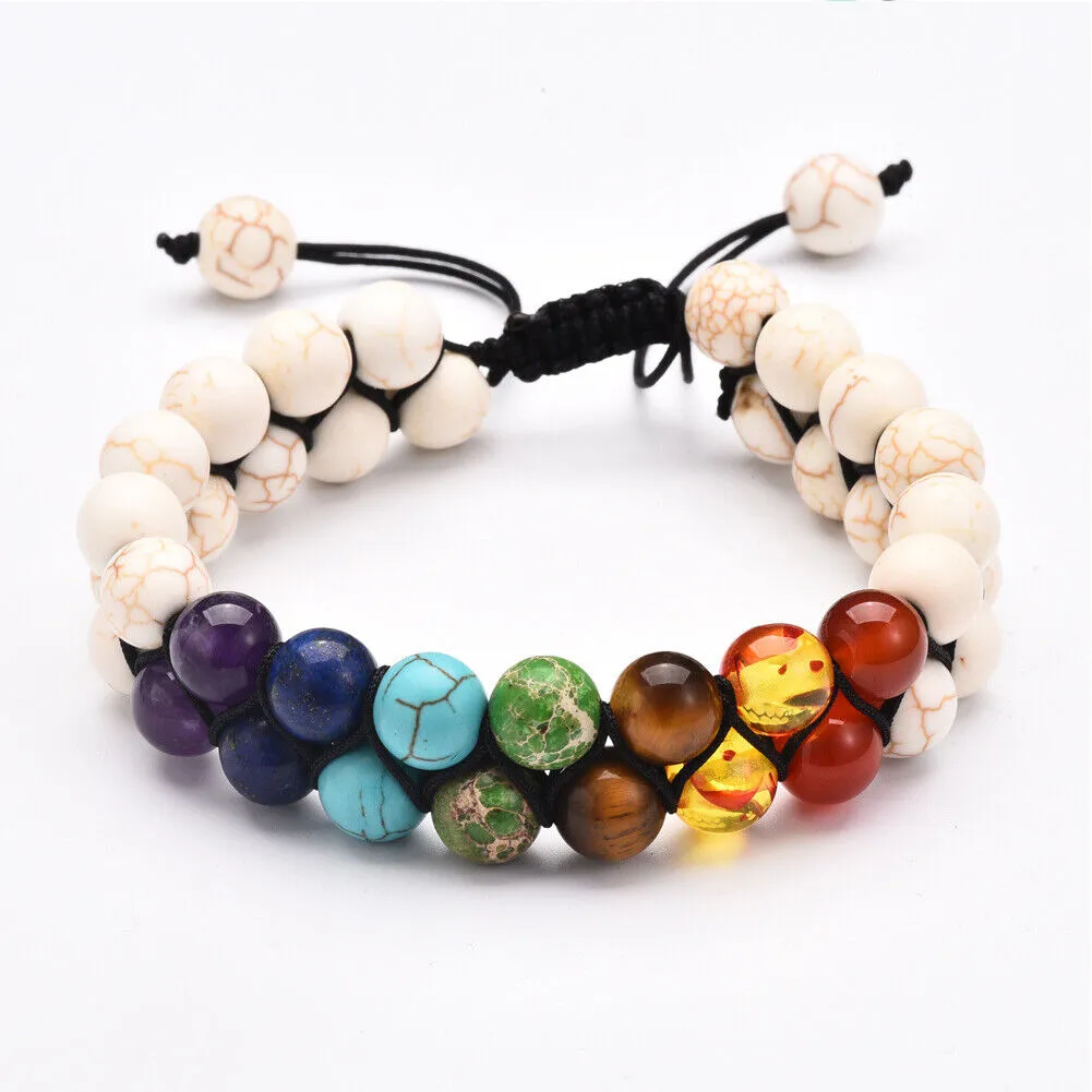 US Double-Layer Healing Anxiety 7-Chakra Bracelet Natural Gemstone Crystal Yoga