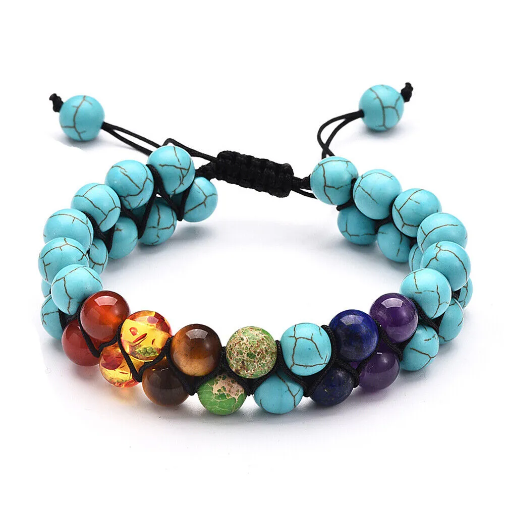 US Double-Layer Healing Anxiety 7-Chakra Bracelet Natural Gemstone Crystal Yoga