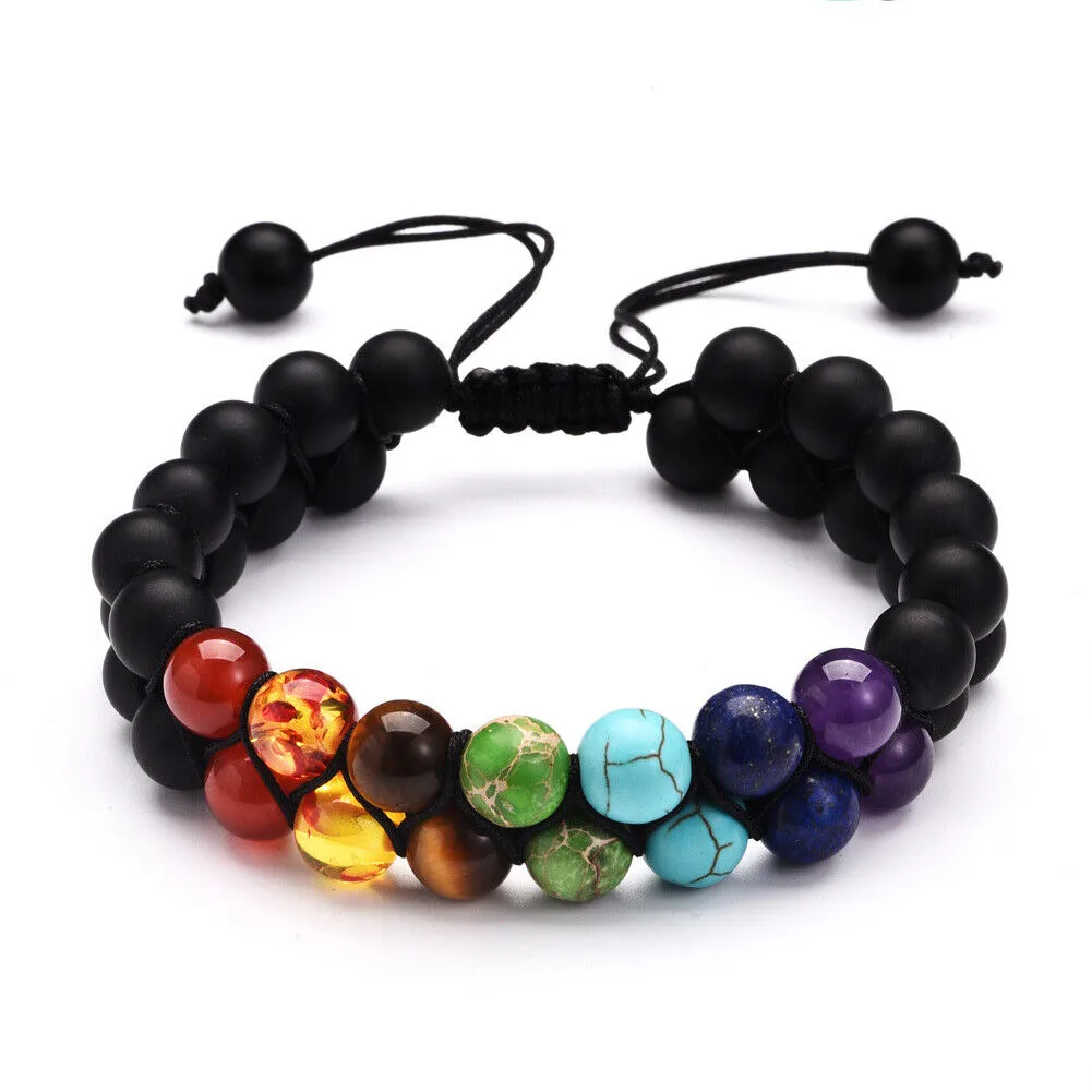 US Double-Layer Healing Anxiety 7-Chakra Bracelet Natural Gemstone Crystal Yoga