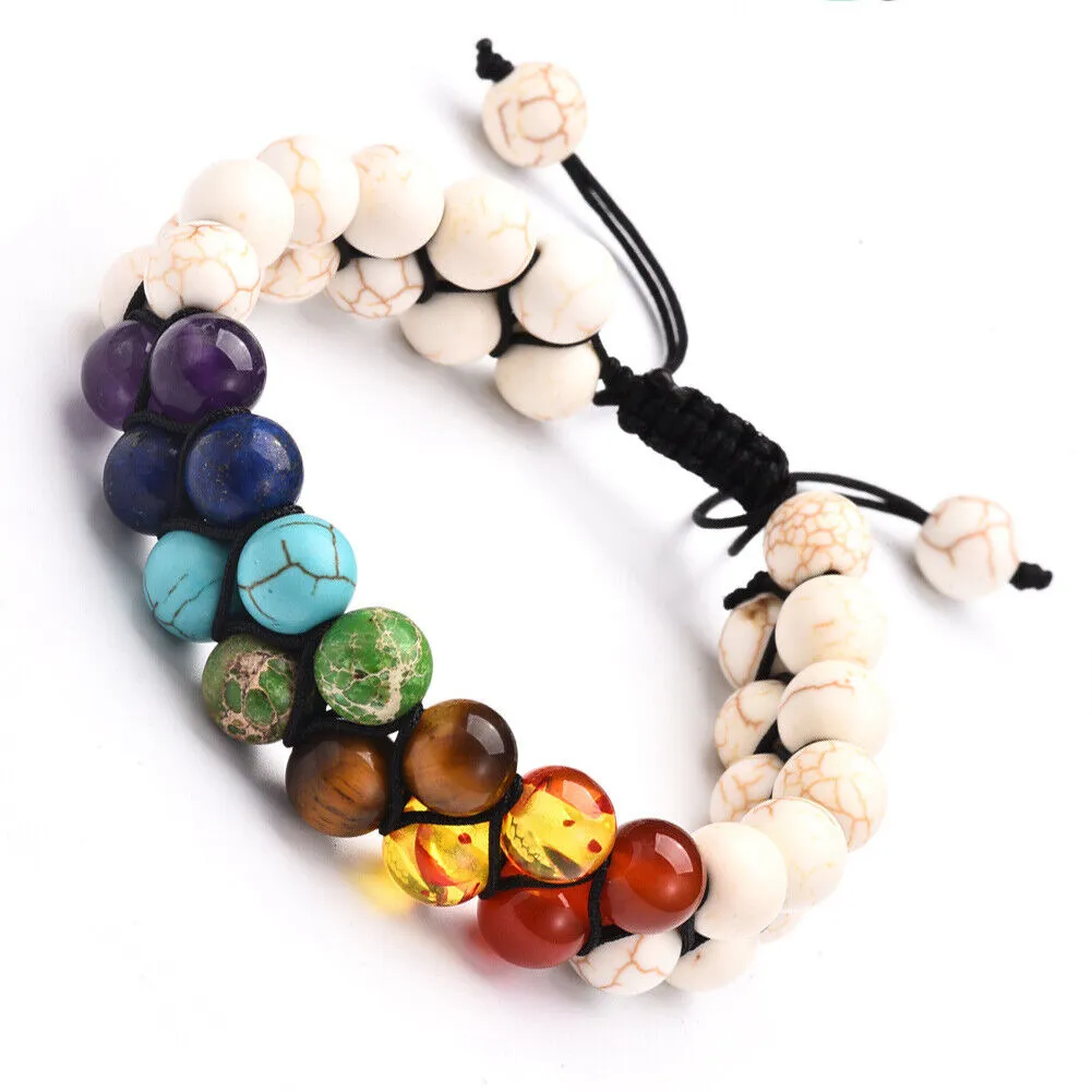 US Double-Layer Healing Anxiety 7-Chakra Bracelet Natural Gemstone Crystal Yoga