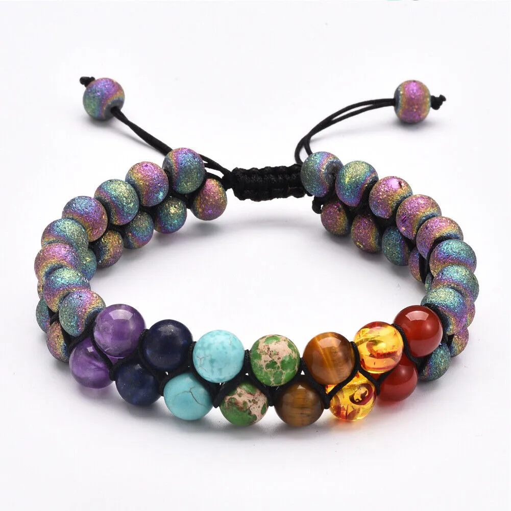 US Double-Layer Healing Anxiety 7-Chakra Bracelet Natural Gemstone Crystal Yoga