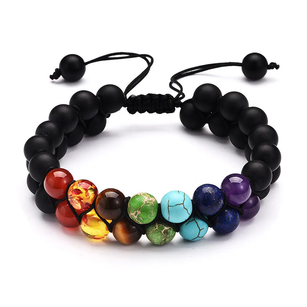 US Double-Layer Healing Anxiety 7-Chakra Bracelet Natural Gemstone Crystal Yoga