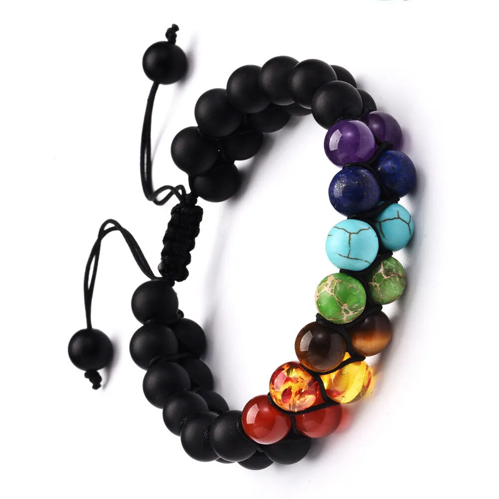 US Double-Layer Healing Anxiety 7-Chakra Bracelet Natural Gemstone Crystal Yoga