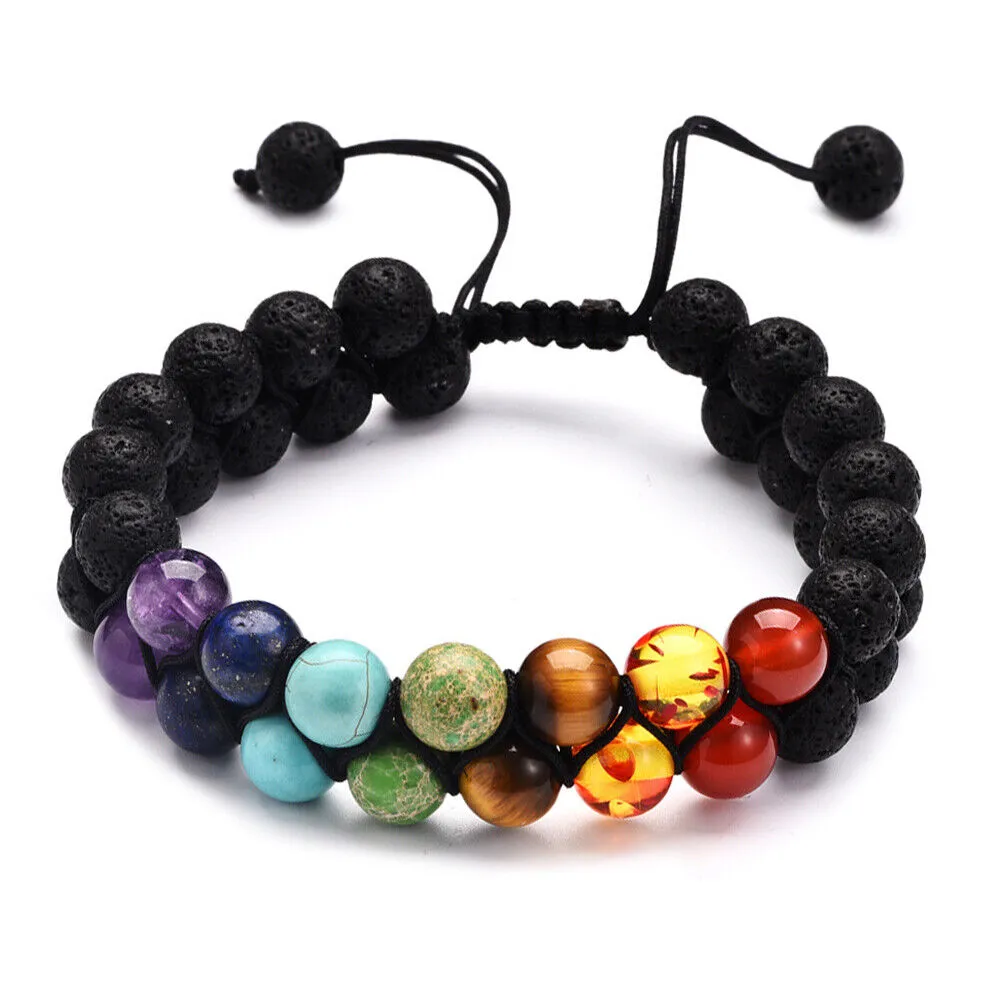 US Double-Layer Healing Anxiety 7-Chakra Bracelet Natural Gemstone Crystal Yoga