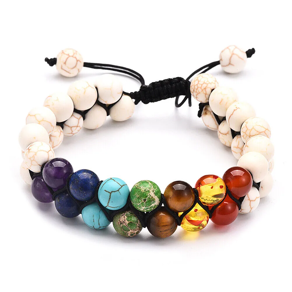 US Double-Layer Healing Anxiety 7-Chakra Bracelet Natural Gemstone Crystal Yoga