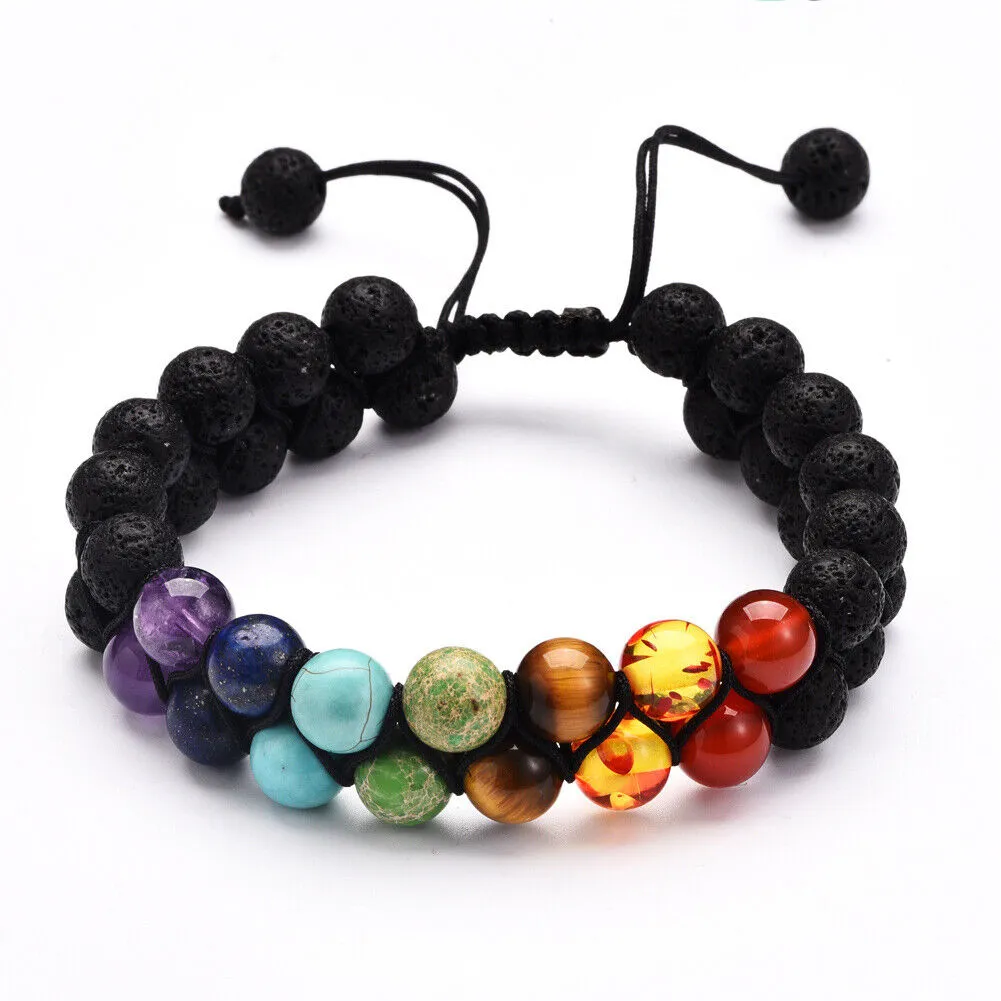 US Double-Layer Healing Anxiety 7-Chakra Bracelet Natural Gemstone Crystal Yoga