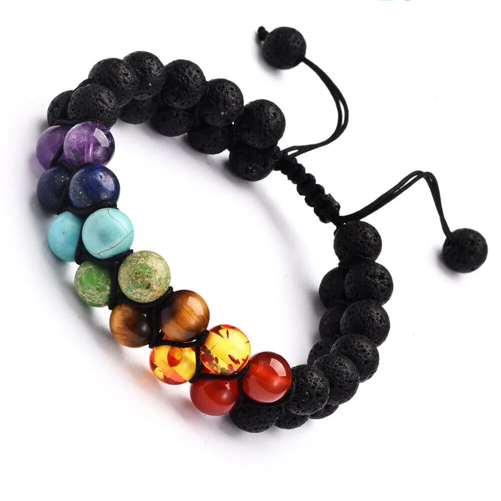 US Double-Layer Healing Anxiety 7-Chakra Bracelet Natural Gemstone Crystal Yoga