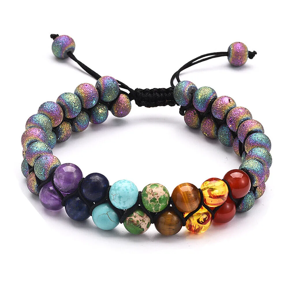 US Double-Layer Healing Anxiety 7-Chakra Bracelet Natural Gemstone Crystal Yoga