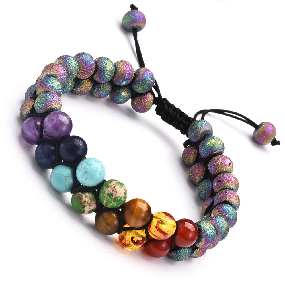 US Double-Layer Healing Anxiety 7-Chakra Bracelet Natural Gemstone Crystal Yoga