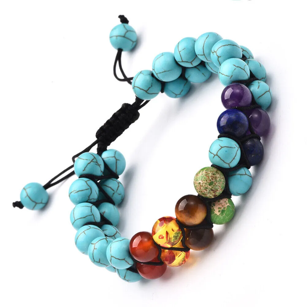 US Double-Layer Healing Anxiety 7-Chakra Bracelet Natural Gemstone Crystal Yoga