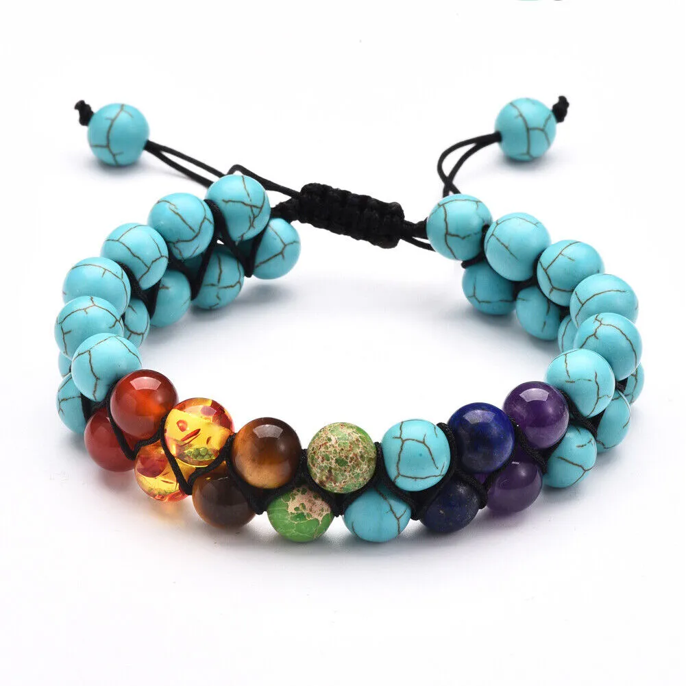 US Double-Layer Healing Anxiety 7-Chakra Bracelet Natural Gemstone Crystal Yoga