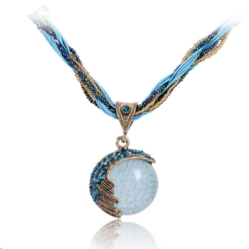 Vintage Boho Reiki Ball Opal Stone Pendant Necklace For Women Rhinestone Rope Lucky Divination Stone Statement Necklace