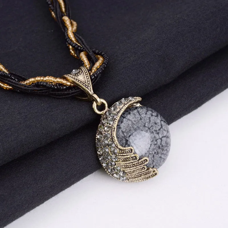 Vintage Boho Reiki Ball Opal Stone Pendant Necklace For Women Rhinestone Rope Lucky Divination Stone Statement Necklace