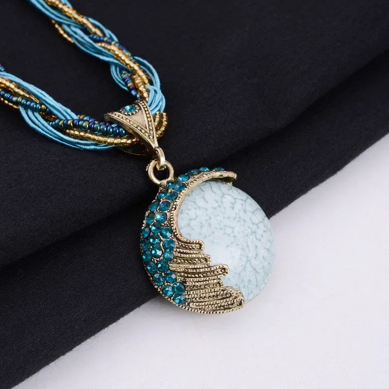 Vintage Boho Reiki Ball Opal Stone Pendant Necklace For Women Rhinestone Rope Lucky Divination Stone Statement Necklace