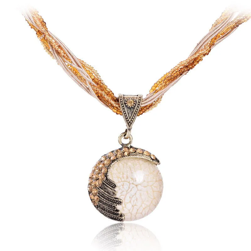 Vintage Boho Reiki Ball Opal Stone Pendant Necklace For Women Rhinestone Rope Lucky Divination Stone Statement Necklace