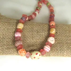 Whimsical Pink Handmade Ceramic Bead Necklace