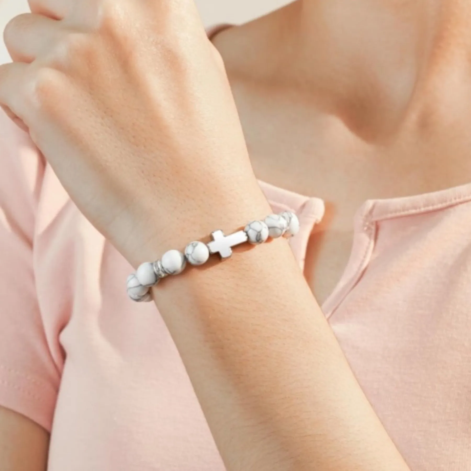 White Howlite Cross Beaded Bracelet