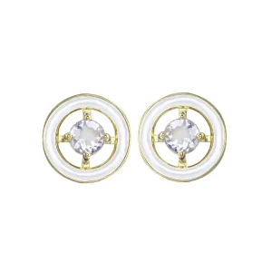 White Zircon and Enamel Circle Stud Earrings