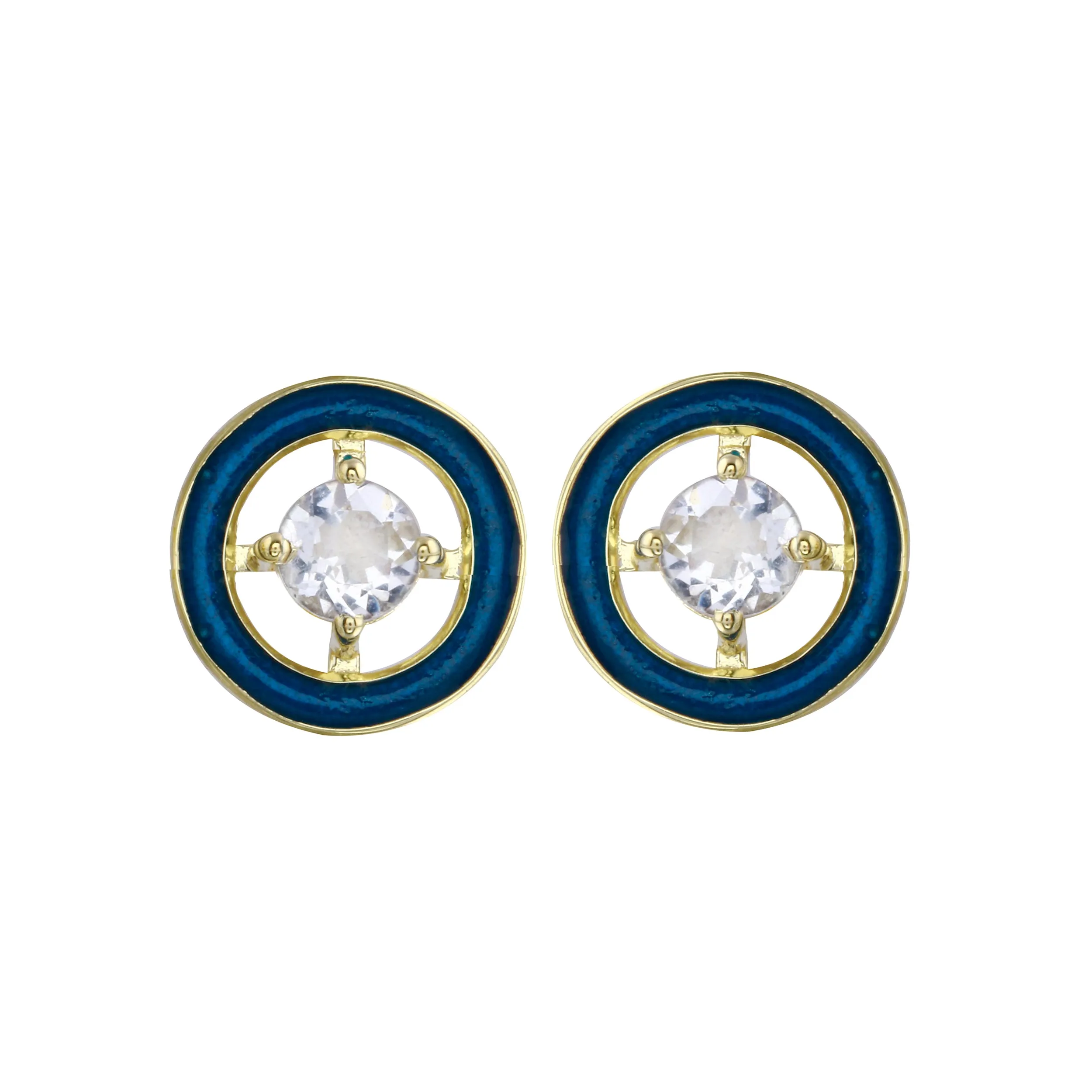 White Zircon and Enamel Circle Stud Earrings