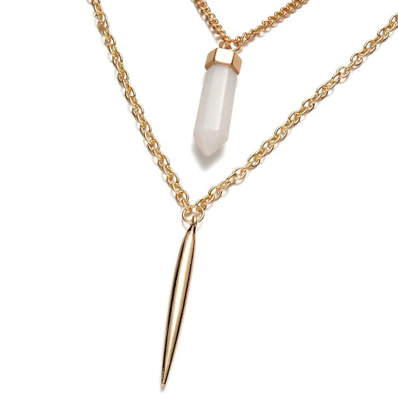 Women 3 layer alloy long necklace pendant with metal bar eye natural stone plating Gold fashion jewelry