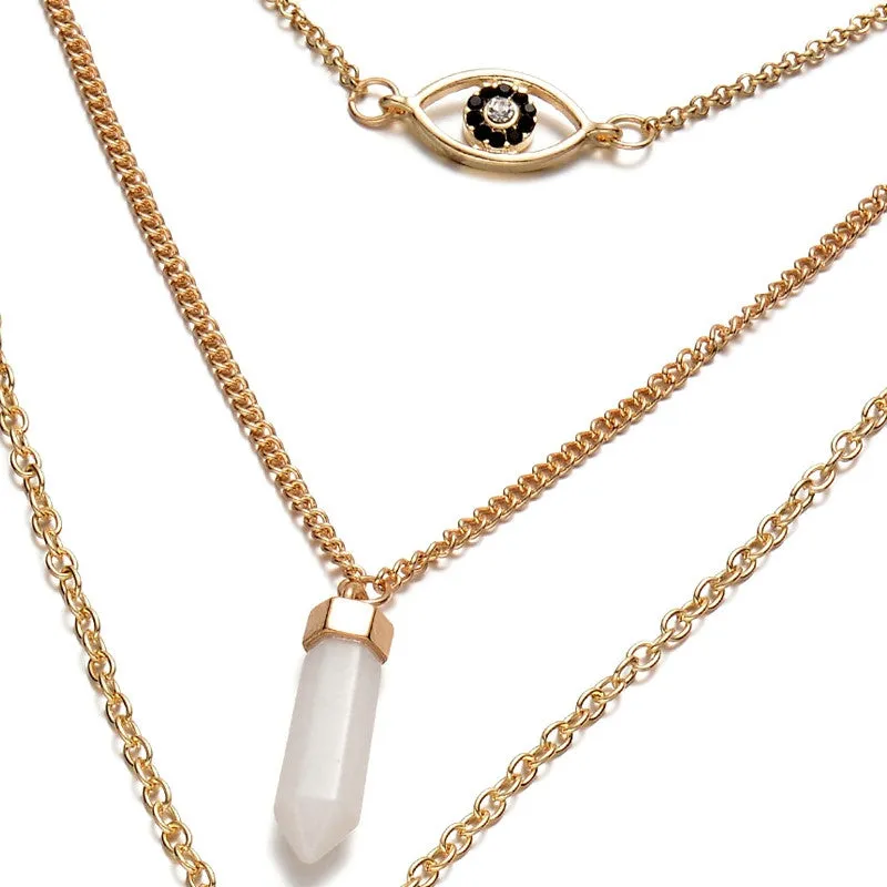 Women 3 layer alloy long necklace pendant with metal bar eye natural stone plating Gold fashion jewelry