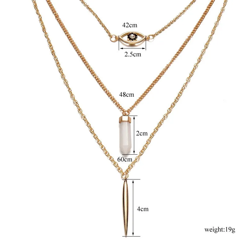 Women 3 layer alloy long necklace pendant with metal bar eye natural stone plating Gold fashion jewelry