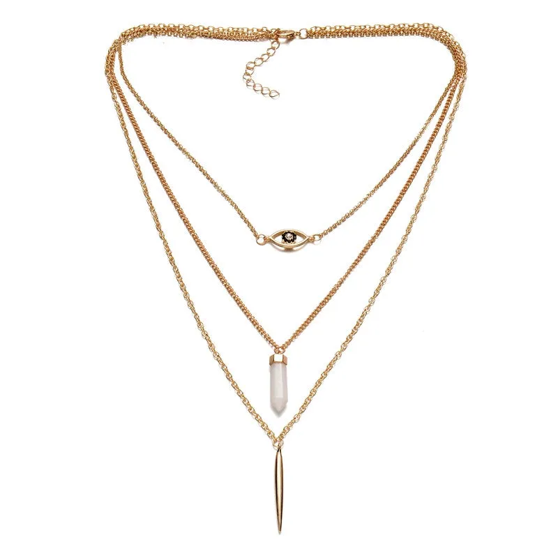 Women 3 layer alloy long necklace pendant with metal bar eye natural stone plating Gold fashion jewelry