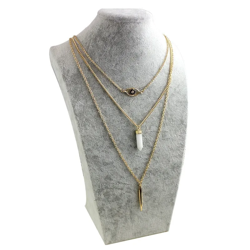 Women 3 layer alloy long necklace pendant with metal bar eye natural stone plating Gold fashion jewelry