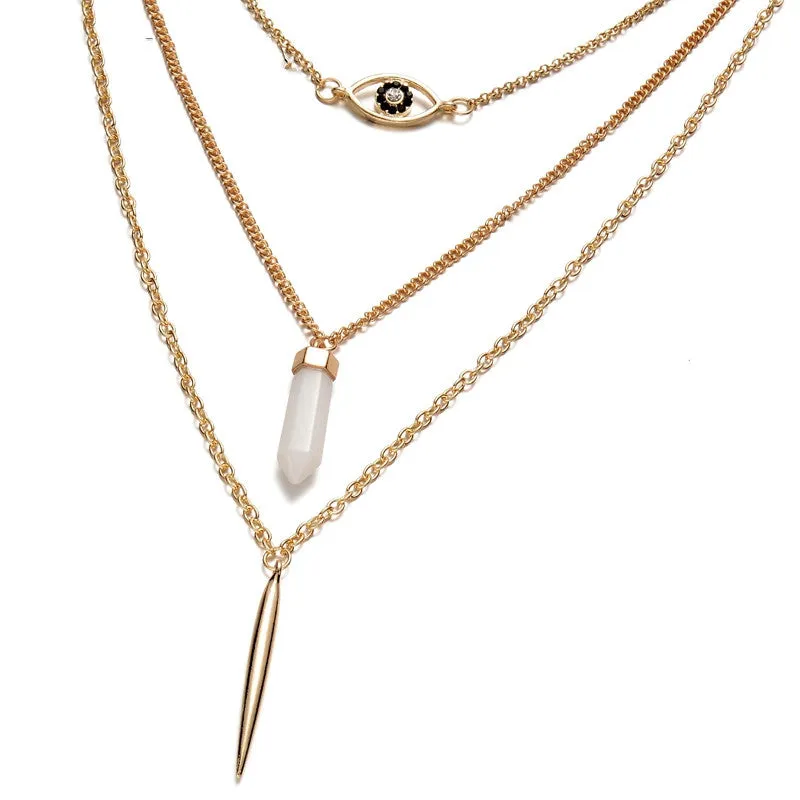 Women 3 layer alloy long necklace pendant with metal bar eye natural stone plating Gold fashion jewelry