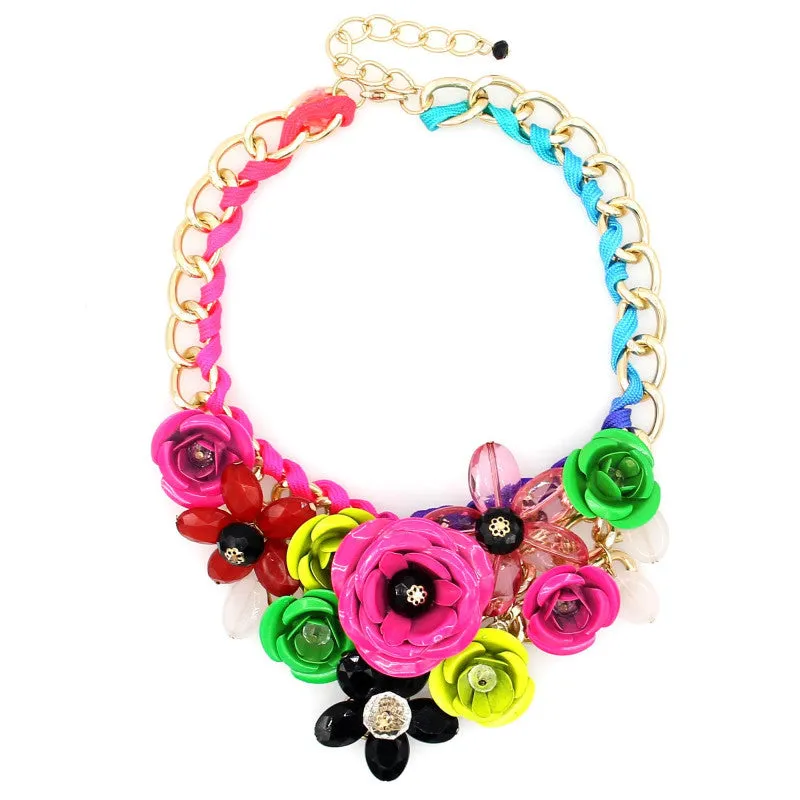 Women Charm Metal Flower Necklace Fashion Gold Chain Multicolor Beads Collar Chokers Maxi Necklaces & Pendant Statement Jewelry