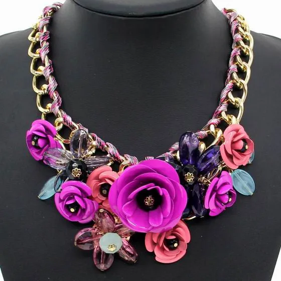 Women Charm Metal Flower Necklace Fashion Gold Chain Multicolor Beads Collar Chokers Maxi Necklaces & Pendant Statement Jewelry