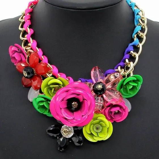 Women Charm Metal Flower Necklace Fashion Gold Chain Multicolor Beads Collar Chokers Maxi Necklaces & Pendant Statement Jewelry