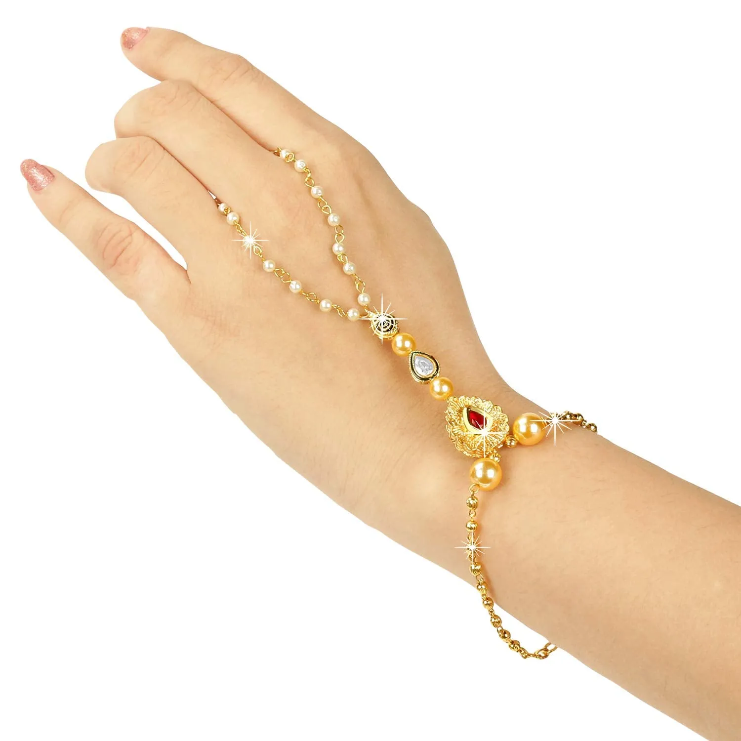 Yellow Chimes Kundan Studded Pearl Gold Plated Hathphool Ring Bracelet for Women and Girls