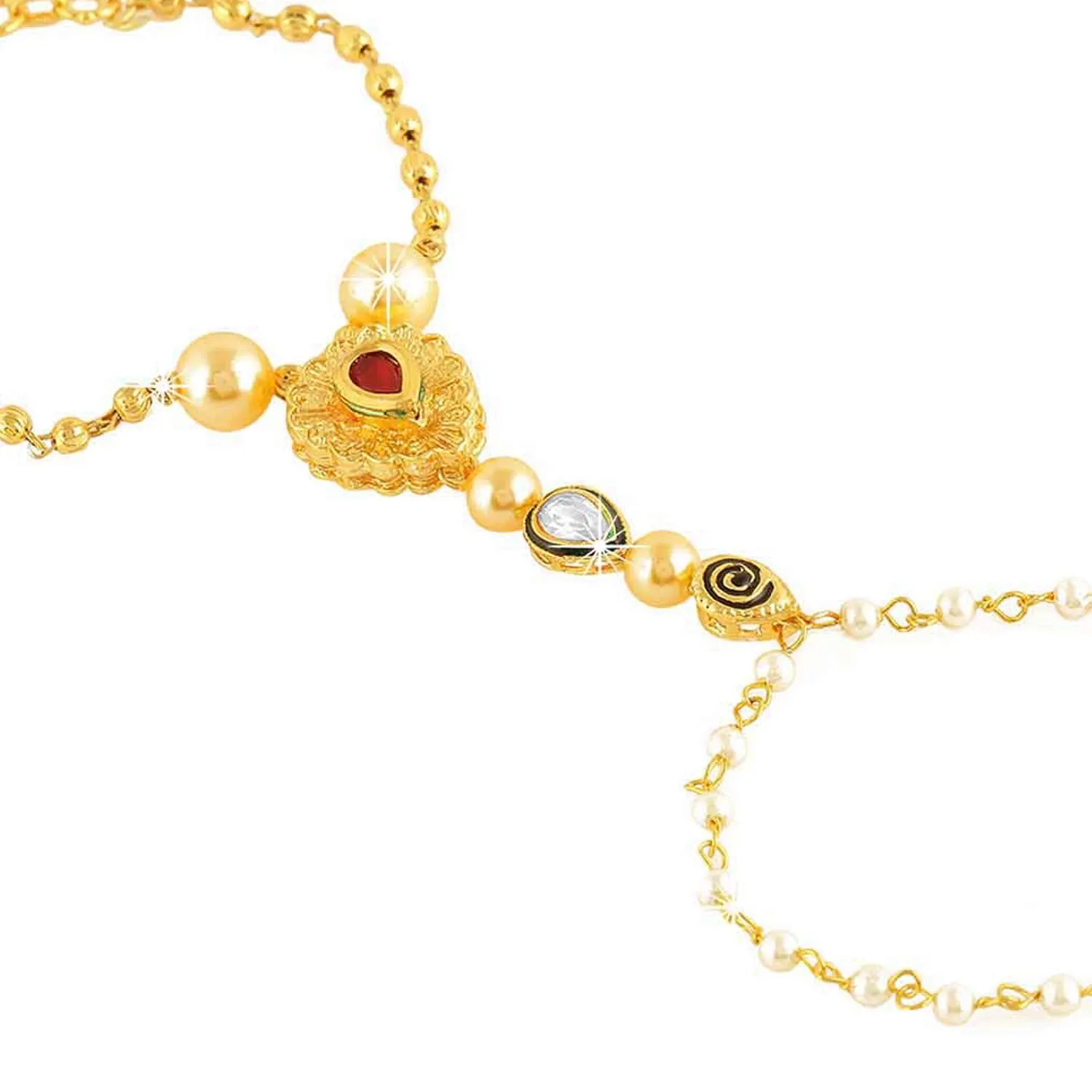 Yellow Chimes Kundan Studded Pearl Gold Plated Hathphool Ring Bracelet for Women and Girls